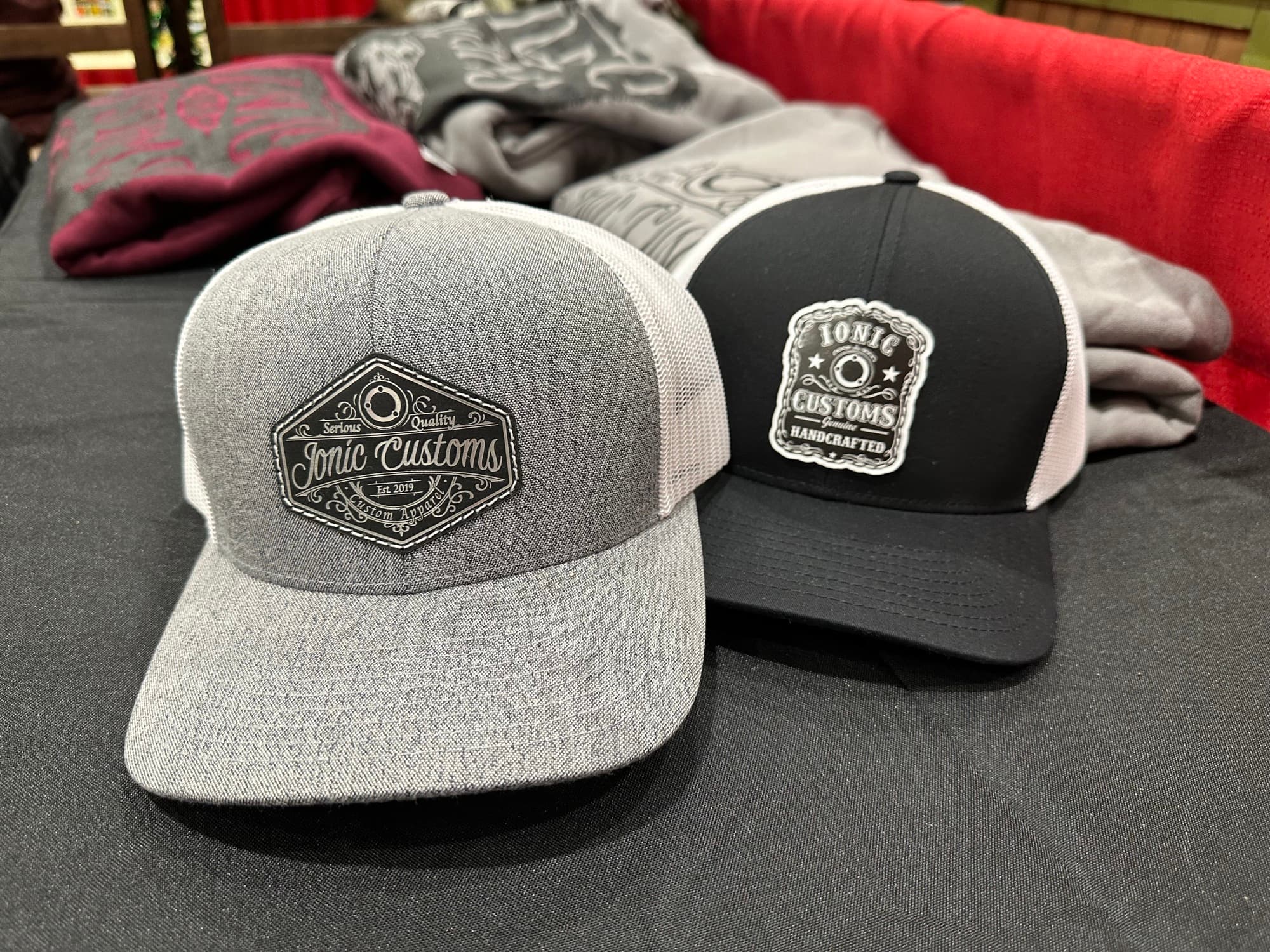 Engraved leather patch hats made at Ionic Customs